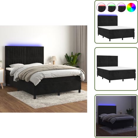 Boxspringbett mit Matratze & LED Schwarz 140x200 cm Samt - Boxspringbett - Doppelbett - Samtbett - Luxusbett - Schlafzimmermöbel