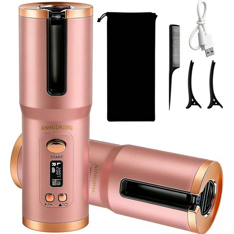 Fer à friser rotatif automatique sans fil - Longue durée - Petit 20 mm - Pour cheveux courts/longs avec grande batterie de 5200 mAh - Charge de type C - 6 températures (150-200 °C) - Rose (1/5)