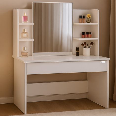 CASARIA® Schminktisch Lucia 140x110x40cm Spiegel Schublade LED Beleuchtung 3 Fächer Ablagen Schlafzimmer Frisiertisch Schminkkommode Make-up Holz Weiß 108x40x140cm weiß