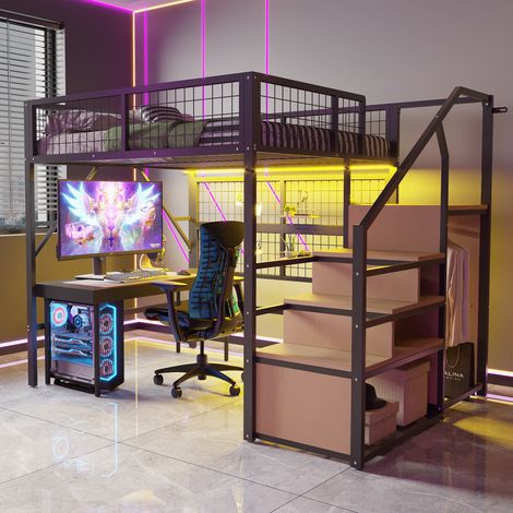 Lit mezzanine 140x200 avec rangement LED métal noir OKMYHOME (1/5)