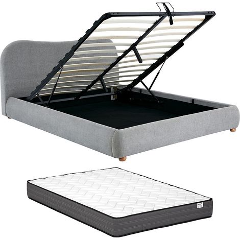 Letto con contenitore 120 x 190 cm Tessuto Grigio chiaro + Materasso - VANARI (1/5)