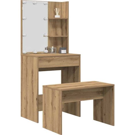Ensemble coiffeuse avec miroir LED et tabouret, bois d’ingénierie, chêne artisanal, 60 x 40 cm - PANGIVO (1/5)