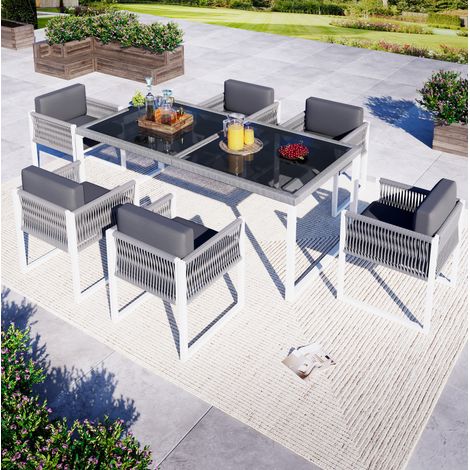 Ensemble repas de jardin en fer et polyester gris et blanc, table 170x80x75 cm avec 6 chaises, verre trempé et housses lavables (1/5)