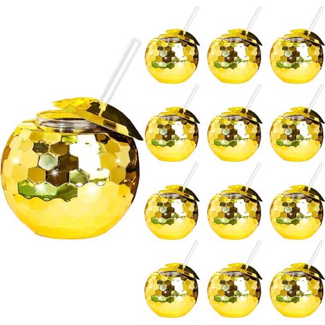 ZHURUININ - 12 vasos reutilizables con diseño de bola de discoteca, 59 cl, con tapa y pajita, para clubes, bares, botellas de sirope, té (plateado) (1/5)