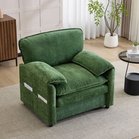 Fauteuil en chenille vert foncé avec 2 poches de rangement latérales, en vert foncé