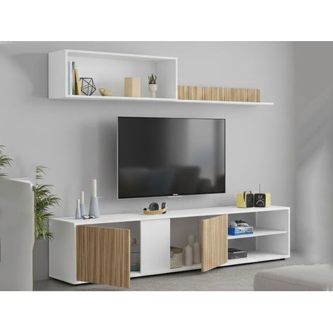 Dmora - Parete attrezzata Agrestino, Mobile da soggiorno porta TV, Composizione set salotto, Set salotto con pensile, 180x33h40 cm, Bianco e Rovere (1/5)
