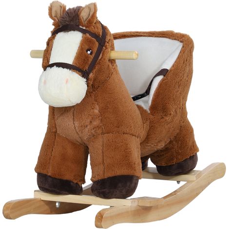 Cheval à bascule pour enfants de 18 à 36 mois avec sons, base en bois et ceinture de sécurité, marron (1/5)