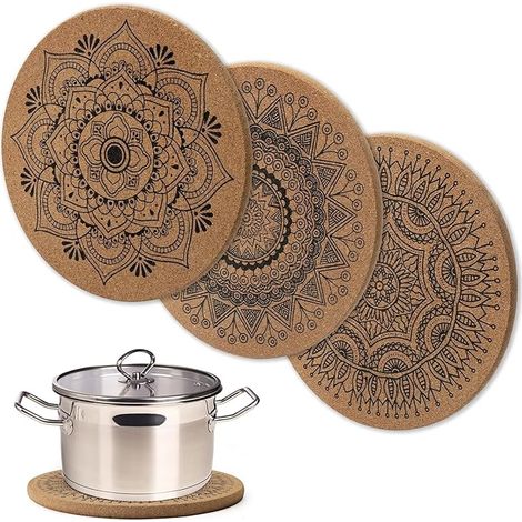 Dessous de plat en liège avec motifs - Diamètre : 19 cm - Ronds - Résistants à la chaleur - Protection de table - Casseroles, verres, bols et vases (1/5)