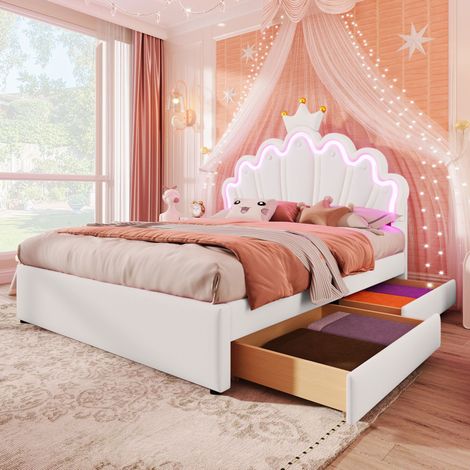 MEUBLIV Cama 140x200 cm blanca – cabecero regulable, LED y 2 cajones, sin colchón (1/5)