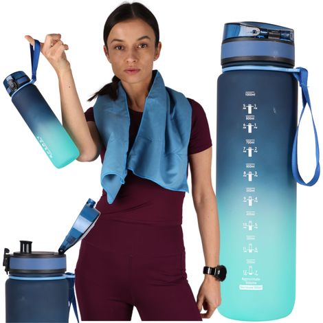 Botella de agua deportiva de 1 litro con vaso medidor para gimnasio, a prueba de fugas.