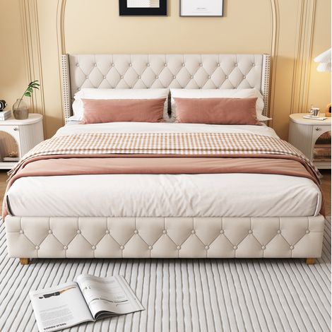 lit adulte 180x200 capitonné lin beige grand confort OKMYHOME (1/5)