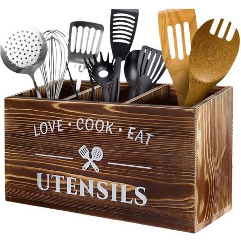 Organizador de cubiertos de encimera de cocina de 3 compartimentos, color marrón. (1/5)