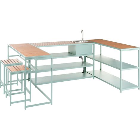 Ensemble de Cuisine d'Extérieur en Acier et Polywood 6 Pièces Table de Bar 2 Places Meuble Evier Mitigeur Vert Clair Avetrana (1/5)