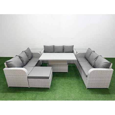 Fimous PE Rattan Lounge Sofa Set 10 Seater Outdoor Garden Furniture Set with Adjustable Lifting Dining or Coffee Table 3 Seater Sofa Big Footstool 2 Side Table Light Grey (1/5)