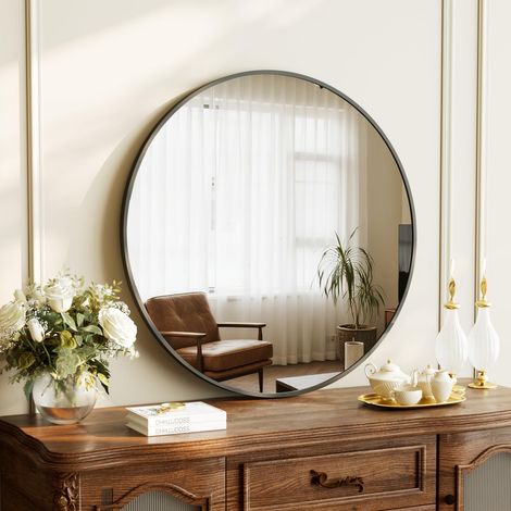 Miroir rond 70 cm, miroir mural en aluminium résistant aux chocs, miroir de salle de bain, peut être suspendu ou posé, adapté pour la chambre, la salle de bain, le salon, Noir (1/5)