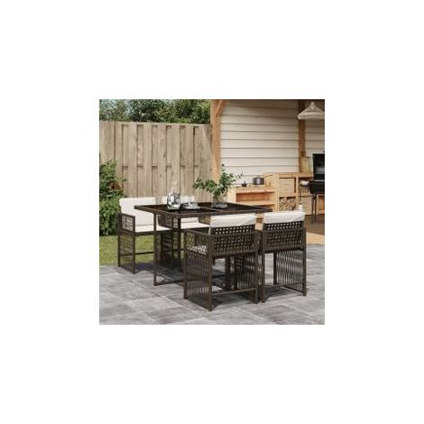 Ensemble à manger de jardin 5 pcs et coussins marron poly rotin (1/5)