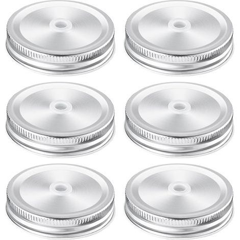 Lot de 6 couvercles de bocaux Mason avec trou de paille 70 mm Couvercles de Pots Mason pour bocaux à ouverture normale, couvercles, Argentés (1/5)