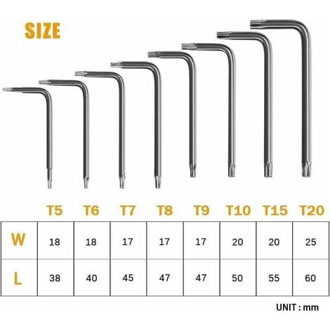 Clés Torx Coudée, Kit de 8 Pièces Clés Allen Torx, Tournevis Etoile T5 T6 T7 T8 T9 T10 T15 T20, Ensembles de Clés Outillage à Main Clés Hexagonales Torx (1/4)