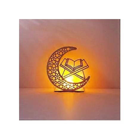 Veilleuse artisanale, décoration lumineuse LED 3D en bois en forme de lune et d'étoile faite à la main, lampe décorative pour le Ramadan Moubarak, ornement pour la maison, la chambre et l'Aïd, cadeau (1/4)