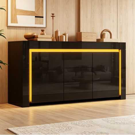 Buffet 140x40x65 cm noir avec LED, 2 portes, 3 tiroirs, façade brillante en MDF, MEUBLIV (1/5)