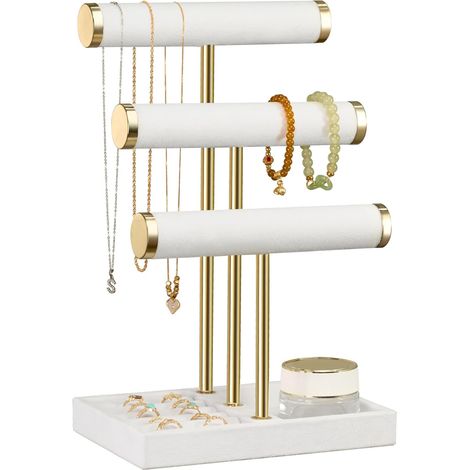 Organisateur de Bijoux à 3 Niveaux - Présentoir à Bijoux Blanc pour Bracelets, Support à Bijoux Amovible en T, Support à Bracelets en Velours, Support à Bijoux, Colliers, Montres, Bagues (1/5)