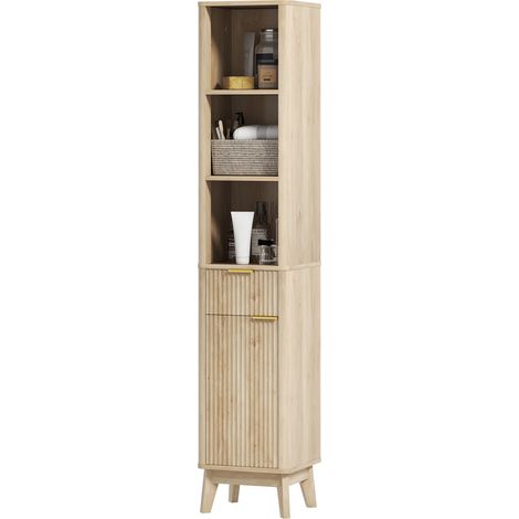 Armoire de salle de bain haute avec étagères et tiroir, design compact et fonctionnel pour petits espaces, 33 x 30 x 170 cm, finition bois (1/5)