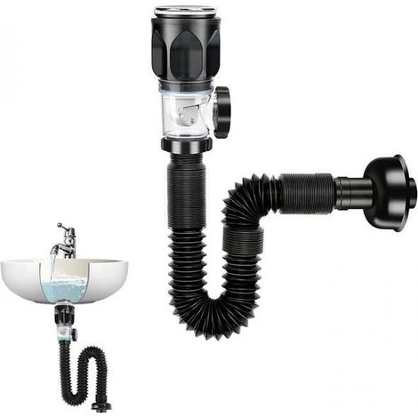 Filtro a bagno lavabo con troppo pieno, tubo di scarico, pop-up, tappo di scarico, sifone, tubi, PVC, nero, per la cucina, lavandino, bagno (1/5)