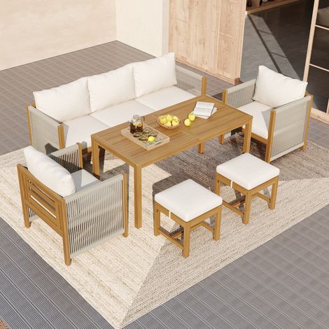 Ensemble repas de jardin 7 places beige - bois d’acacia - corde tressée - coussins inclus - avec canapé + fauteuils + tabourets - extérieur