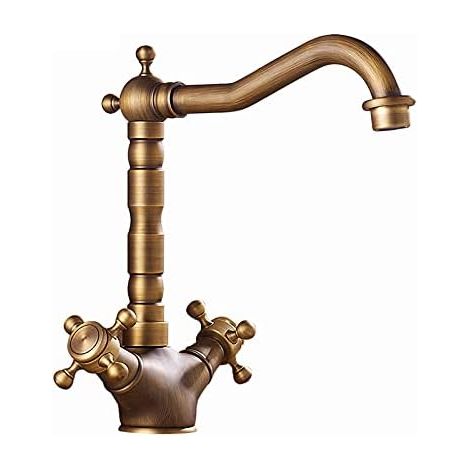 Robinet de lavabo en laiton antique, robinet de lavabo de salle de bain avec bec rotatif et double poignée en croix, mitigeur eau chaude/eau froide