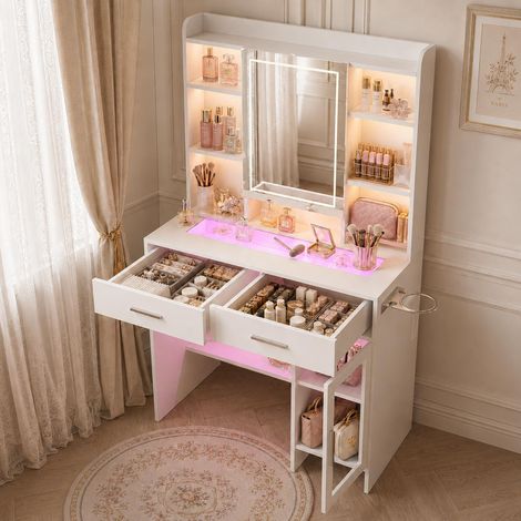 Coiffeuse avec Miroir LED 3 Couleurs, avec Prises et USB,avec prise de courant et support pour sèche-cheveux, plateau en verre trempé, Blanc (1/5)