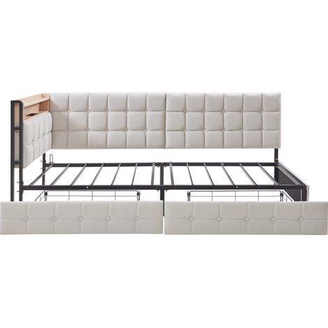 Polster-Bettbank 90 x 200 cm beige mit 2 Schubladen, LED, USB und USB-C MODENUIT (1/5)