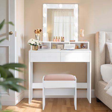 Coiffeuse avec Miroir et Lumière, Table de Maquillage, avec Tiroirs, Rangement Bijoux, pour Chambre, avec Tabouret, Largeur de 80 cm, Blanc Nuage RDT714W01 (1/5)