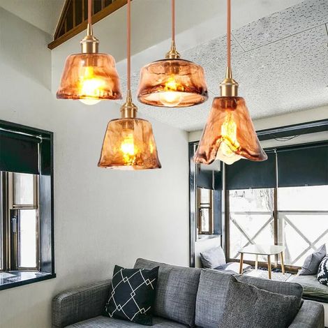 4x Lampes Suspensions Moderne en Verre Ambre,Lustre Industriel Abat-jour en Irrégularités Style Vintage pour Salon Chambre (1/5)