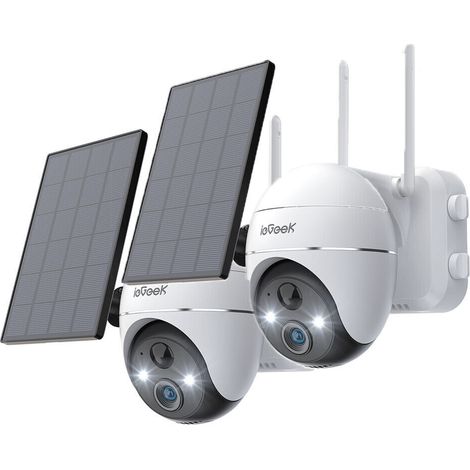 ieGeek 2Stk. 2K Solar Überwachungskamera Aussen Akku, 355°/140° Pan Tilt Kabellose mit Farbnachtsicht, PIR Bewegungsmelder, Sirene/Weißlichtalarm, 2-Wege-Audio, IP65, Cloud/SD Storage (1/5)