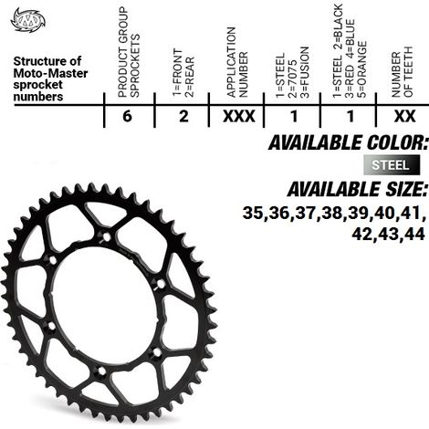 Corona posteriore Moto-master in acciaio ultraleggero 4644 40 (464440) per KTM SX 50/SX 50 mini '14-, SX-E5 E-bike '19-, Gasgas MC 50 MC-E E-bike 21-, Husqvarna TC 50 '17, TC 50 mini '18-, EE 5 E-bike