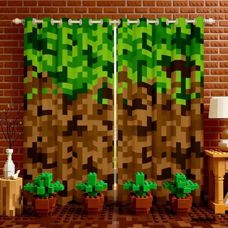 Lot de 2 rideaux à grille carrée de style mineur pour fenêtres, marron et vert, motif camouflage militaire pour salon, chambre à coucher, motif manette de jeu dessin animé, 100 % occultant - 117L X 13 (1/5)