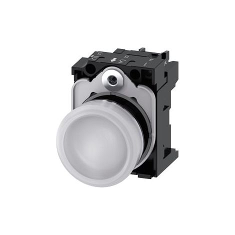 Indicatori luminosi, 22 mm, rotondi, in metallo, lucido, bianco, trasparente, liscio, con supporto, modulo LED con LED integrato 110 V AC, morsetto a vite