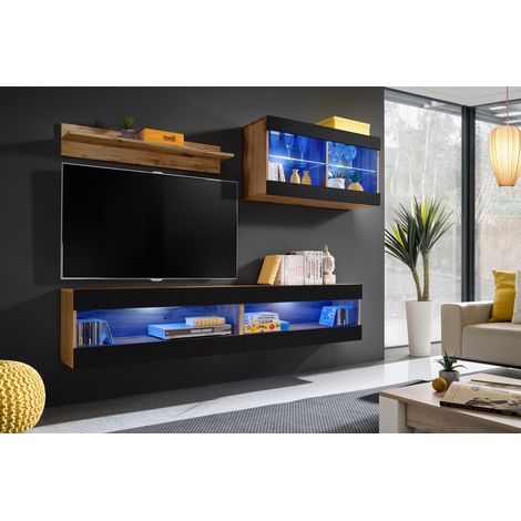 Komodee, Ensemble de Meubles Tivoli SET6, Wotan/Noir, Largeur 200cm x Hauteur 195 cm x Profondeur 35 cm, LED Bleu, pour Salon, Chambre à coucher (1/5)