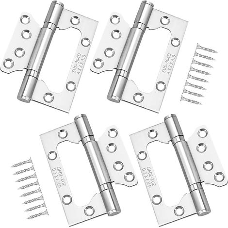 4x Charnières en Acier Inoxydable, 4 Pouces Rectangulaire Feuille 100mm Charnières de Porte Invisibles, Argent
