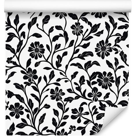 Papier peint à fleurs noires et blanches, fond gris, centre gris, 50 x 1000 cm (1/5)