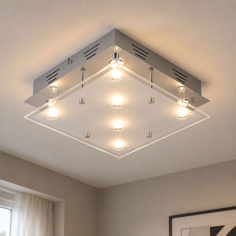 Plafoniera LED in acciaio spazzolato da soffitto lampada da soggiorno in vetro satinato 6 lampadine, metallo, 6x 3W 6x 210lm bianco caldo, LxH 30x8 cm (1/5)