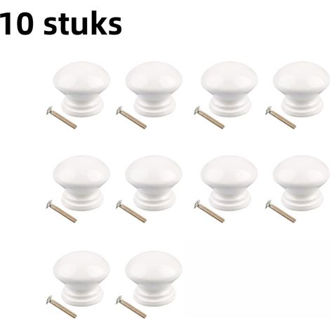 Lot de 10 poignées rondes en bois massif, forme champignon, pour tiroirs, placards et armoires, avec vis, blanc (1/5)