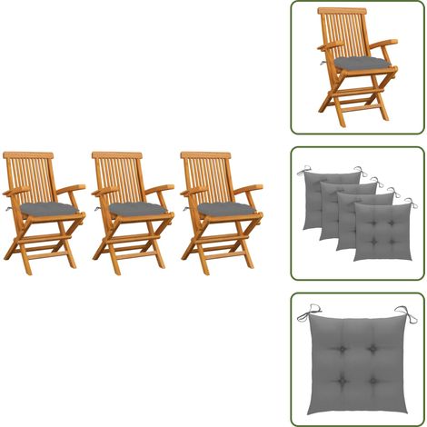 Cuscini per sedie - vidaXL Sedie da Giardino con Cuscini Grigi 3pz Legno Massello di Teak - Sedie pieghevoli