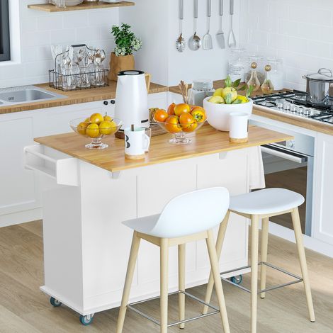 Isla de Cocina con Ruedas Carrito de Servicio con Encimera Extensible Cajones Barra y Especiero 128,8x75,5x92,5 cm Blanco (1/5)