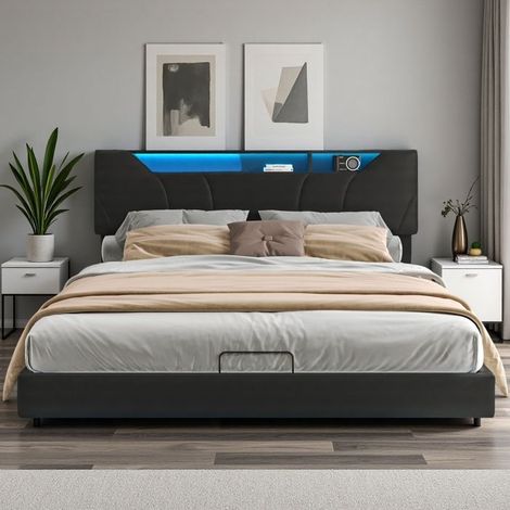 Doppelbett 160x200 - LED - Verstärkter Lattenrost - Aufbewahrungstruhe - Modernes Design