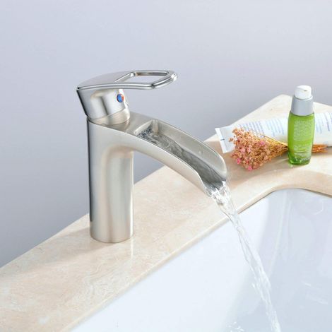 Grifo de cascada de un solo mangoZOLGINAH para baño, grifos mezcladores de lavabo de latón de níquel cepillado, fregadero moderno de montaje de un solo orificio (1/5)