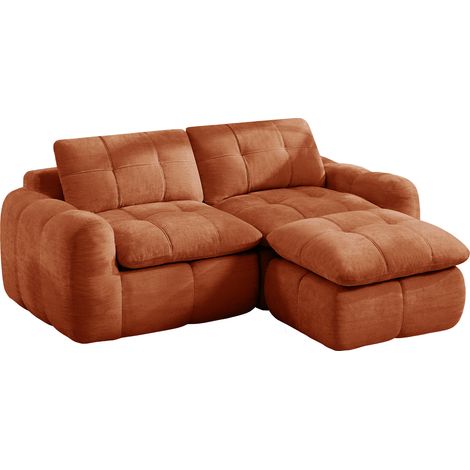 Sofá modular esquinero de 2 plazas en chenilla naranja con puf, sin montaje (1/5)