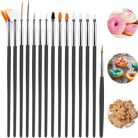 Lot de 15 pinceaux de décoration de gâteau, pinceaux de cuisson de qualité alimentaire, outils pour fondant, peinture et décoration, (noir) (1/5)