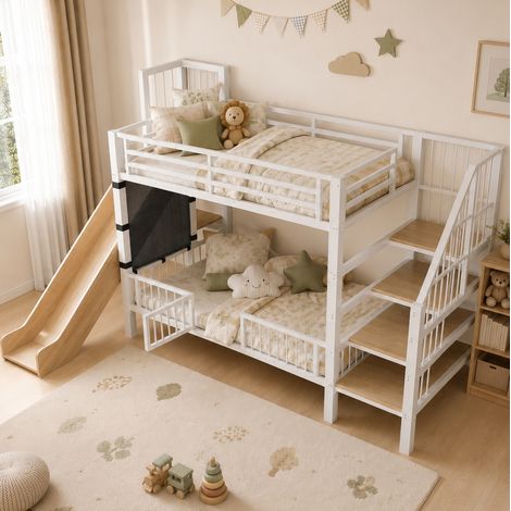CHICFURN Letto soppalco bambini 90x200 cm metallo bianco con scivolo e scala contenitore