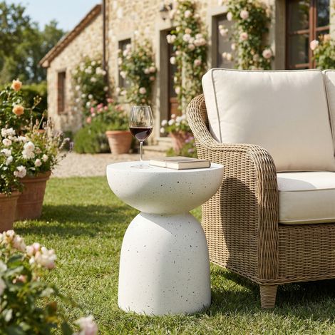 Tavolino da esterno, Tavolini da giardino, 45x45x52,5 cm, Tavolo rotondo in MgO per uso interno ed esterno, per giardino, balcone, piscina, mobili da giardino, bianco